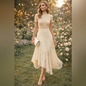 Easel NWT Ivory Asymmetrical Lace Mesh Ruffle Midi Skirt, Size S